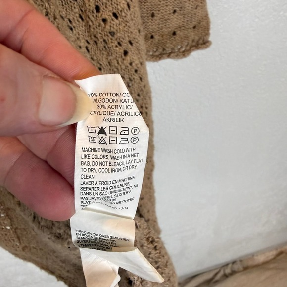 Lucky Brand Boho‎ Open Knit Cardigan Neutral Tan Crochet Cozy Casual - Picture 3 of 4